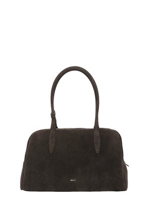 Dark brown suede handbag with two long handles and a small metal logo centered near the bottom front.
