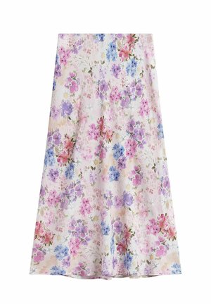 Spódnica w kształcie litery A z pastelowym kwiatowym wzorem z różowymi, fioletowymi i niebieskimi kwiatami na jasnobeżowym tle.