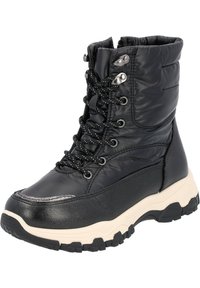 Botas negras impermeables con cordones, con un área superior acolchada, suela de goma texturizada y media suela crema en contraste; presenta detalles en plata y cordones negros.