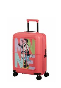 Valigia rigida rosa con quattro ruote nere, caratterizzata da un design colorato di Minnie Mouse e motivi geometrici sul fronte.