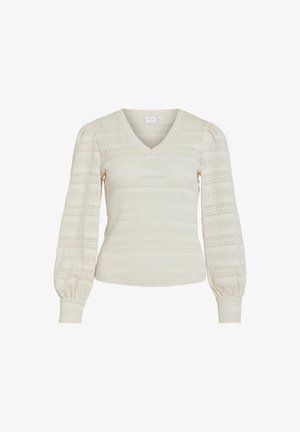 Kremasti pleteni pulover s V-izrezom, teksturiranim uzorkom, dugim napuhnulim rukavima i nabranim manžetama. Ima prilagodljiv kroj i laganu tkaninu.