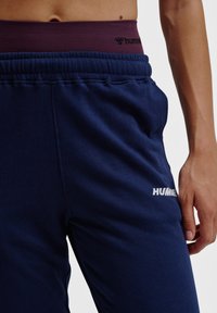 Marineblauwe sweatpants met een bordeauxrode elastische tailleband. Voorzien van een wit logo en een zachte, gladde stoftextuur. Inclusief zijzakken.
