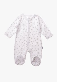 White baby romper in soft cotton with long sleeves, featuring a gray star pattern, snap buttons, and footed design for warmth.