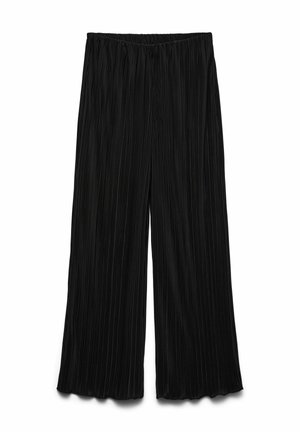 Czarne plisowane spodnie o szerokich nogawkach z elastycznym pasem; teksturowana tkanina tworzy pionowe linie, nadając im lekkość i płynność. Bez kieszeni.