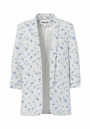 Blazer blanc à ouverture sur le devant avec un petit imprimé floral bleu et des manches 3/4 froncées, étiqueté "PIECES" à l'intérieur du col.