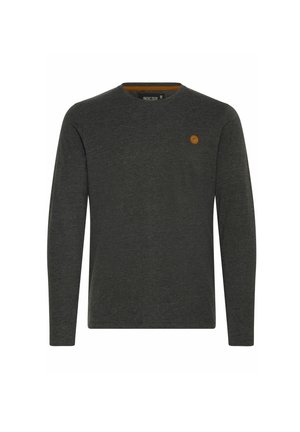 Dark grey long-sleeve t-shirt made from a soft fabric. Features a round neckline and a small brown logo patch on the chest.