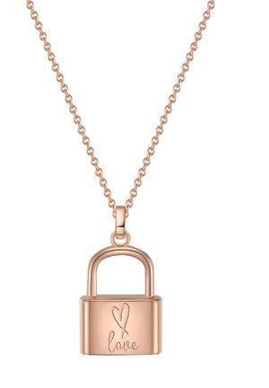 Halskette aus Roségold mit Anhänger in Form eines Vorhängeschlosses. Das Vorhängeschloss hat eine Herzgravur und hängt an einer schlichten Kette.