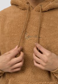 Brown fleece hoodie with a textured finish, featuring a gold embroidered logo and adjustable hood drawstrings. Smooth inner lining.