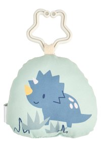 Weicher Dinosaurier-Plüsch in pastellgrün, mit einer blauen Dinosaurier-Illustration, die ein gelbes Horn und weiße Punkte zeigt, befestigt an einem sternförmigen Griff.