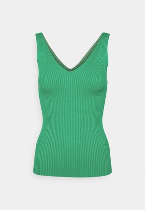 Grøn stribet tanktop med dyb V-hals, tætsiddende design og blød tekstur, med ensfarvet overflade og en let afsmalnet kant.