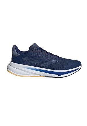 Chaussure de course bleu marine avec trois bandes, semelle coussinée blanche et bleue, et semelle extérieure marron clair, vue de côté.