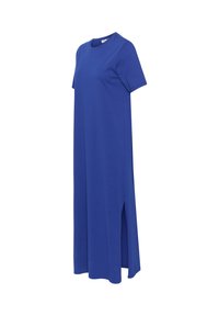 Robe longue bleue à manches courtes, col rond et fente latérale, présentée sur fond blanc.
