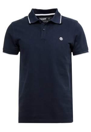 Marineblaue Poloshirt aus Baumwolle, mit einer Knopfleiste mit zwei Knöpfen, weißen Akzenten am Kragen und den Ärmeln sowie einem kleinen Logo auf der Brust.