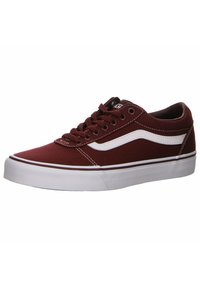 Red canvas sneaker with white accents, rounded toe, and flat white rubber sole. Features classic lace-up design and stitched detailing.