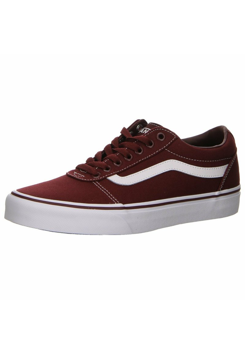 Red canvas sneaker with white accents, rounded toe, and flat white rubber sole. Features classic lace-up design and stitched detailing.