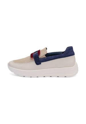 Slip-on shoes with a beige leather upper, navy suede accents, and a contrasting red strap. Features a chunky white sole for stability.