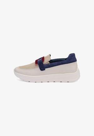 Slip-on shoes with a beige leather upper, navy suede accents, and a contrasting red strap. Features a chunky white sole for stability.