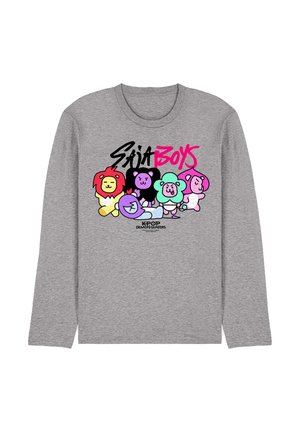 Gray long-sleeve shirt with colorful cartoon animals and "Saia Boys" text above, "Kpop Demon Hunters" text below the characters.