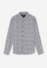 Chemise à manches longues avec un motif floral noir et blanc, devant boutonné et col classique. Tissu en mélange de coton, texture douce.