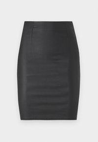 Jupe crayon noire en cuir lisse et brillant ; forme ajustée sans fermetures ni motifs visibles ; longueur genou avec des bords nets.