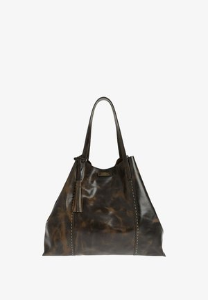 Sac fourre-tout en cuir marron foncé avec deux poignées, détails de couture et un pompon en cuir sur un côté.