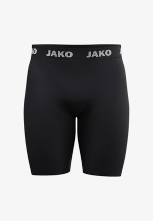 Zwarte atletische shorts met een gladde textuur, voorzien van een brede tailleband met het JAKO-logo in contrasterend wit. Getailleerd ontwerp, knielengte.