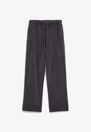 Pantalons en velours côtelé gris avec une taille élastique, fermeture à cordon, design à jambes larges et texture côtelée sur toute la surface.