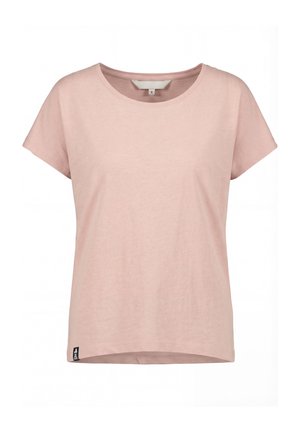 Light pink short-sleeve cotton T-shirt with round neck and small black brand tag at bottom hem, size small.
