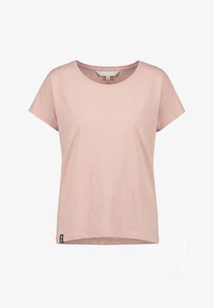 Hellrosa kurzärmliges Baumwoll-T-Shirt mit rundem Ausschnitt und kleinem schwarzem Markenschild am unteren Saum, Größe Small.