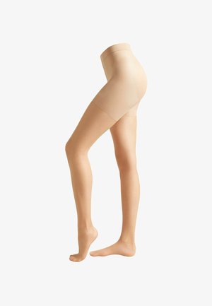 Beige, hoch taillierte Formshorts aus transparenter, glatter Material, mit einem nahtlosen Design und einem verstärkten Bund für zusätzlichen Halt.