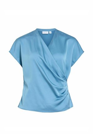 Light blue satin short-sleeve blouse with V-neck wrap style and side ruching detail against white background.
