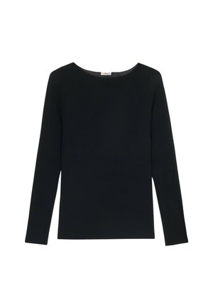 Zwarte long-sleeve shirt met een ronde hals. Glad, rekbaar materiaal met een aansluitende pasvorm. Geen zichtbare patronen of versieringen.