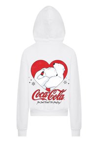 White hoodie featuring a red heart graphic with two polar bears and a Coca-Cola bottle. Includes branded text in red below the design.
