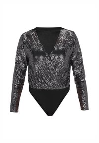 Body nero con maniche lunghe, caratterizzato da un design avvolgente e dettagli in paillettes argentate. Texture liscia, scollatura a V profonda e forma aderente.