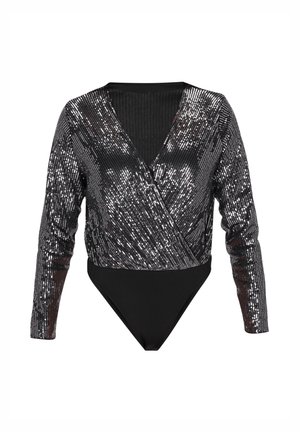 Zwarte bodysuit met lange mouwen, met een wikkelontwerp en zilveren sequin-details. Gladde textuur, diepe V-halslijn en aansluitende vorm.