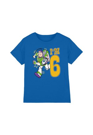 Blue cotton t-shirt featuring Buzz Lightyear graphic, text "I'M 6" in yellow, with playful stars surrounding the character. Short sleeves, crew neckline.