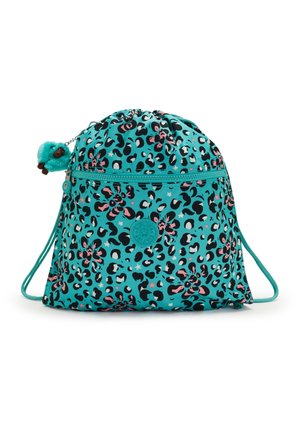 Sac à cordon turquoise avec imprimé léopard noir et rose, poche avant zippée, patch rond avec logo et petit porte-clés en peluche turquoise attaché.