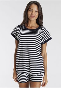 Set di abbigliamento da casa in cotone a righe, composto da una maglietta a maniche corte con righe orizzontali blu navy e bianche e pantaloni corti abbinati con una vestibilità comoda.
