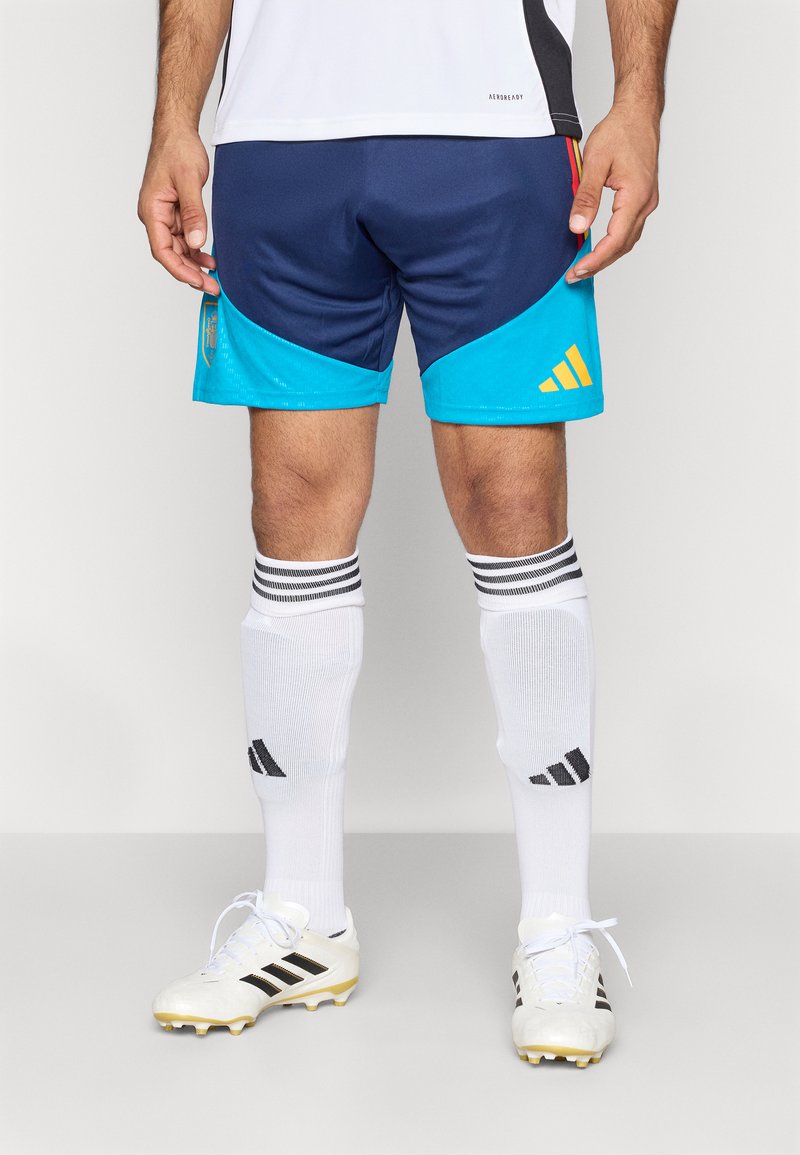 Bermudas desportivas azuis e marinho com o logótipo da Adidas, combinadas com meias brancas com riscas pretas e chuteiras brancas de futebol com detalhes em dourado.