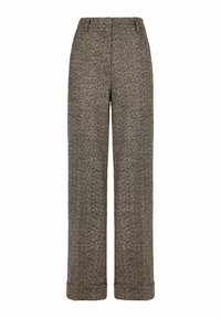 Pantaloni in lana a grana di pesce marroni e beige con vita alta, gambe dritte, passanti per cintura e orli risvoltati.