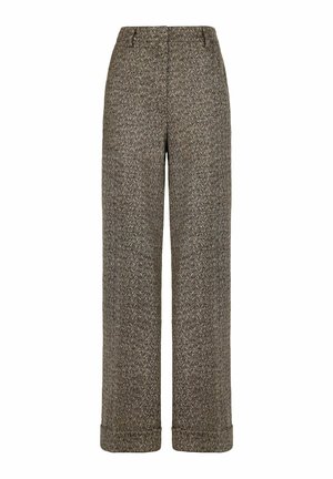 Braune und beige Herringbone-musterte Wollhosen mit hoher Taille, geraden Beinen, Gürtelschlaufen und umgeschlagenen Säumen.