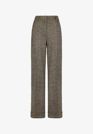 Braune und beige Herringbone-musterte Wollhosen mit hoher Taille, geraden Beinen, Gürtelschlaufen und umgeschlagenen Säumen.
