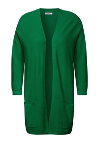 Grön cardigan gjord av stickad tyg, med en lös passform, öppen front, trekvartslånga ärmar och två framfickor.