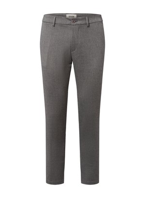 Graue maßgeschneiderte Hose mit glatter Textur, geradem Bein, mit einem Ein-Knopf-Verschluss und Gürtelschlaufen. Minimalistisches Design ohne Muster.