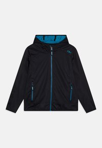 Black jacket with a hood, featuring blue accents, a front zipper, and two zippered pockets. The fabric appears smooth and lightweight.