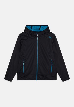 Black jacket with a hood, featuring blue accents, a front zipper, and two zippered pockets. The fabric appears smooth and lightweight.