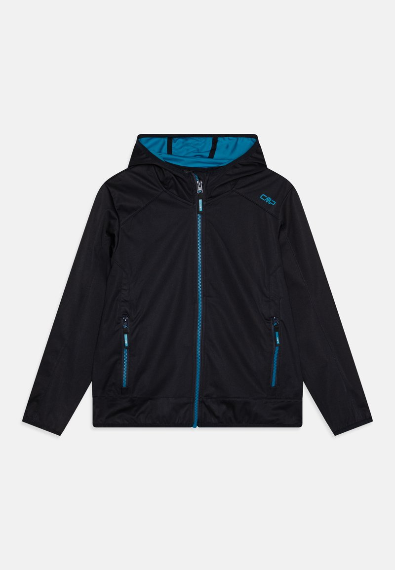 Black jacket with a hood, featuring blue accents, a front zipper, and two zippered pockets. The fabric appears smooth and lightweight.
