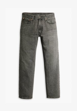 Calças de ganga cinza com um corte reto, estilo clássico de cinco bolsos e detalhes de costura subtil nas costuras e bolsos.
