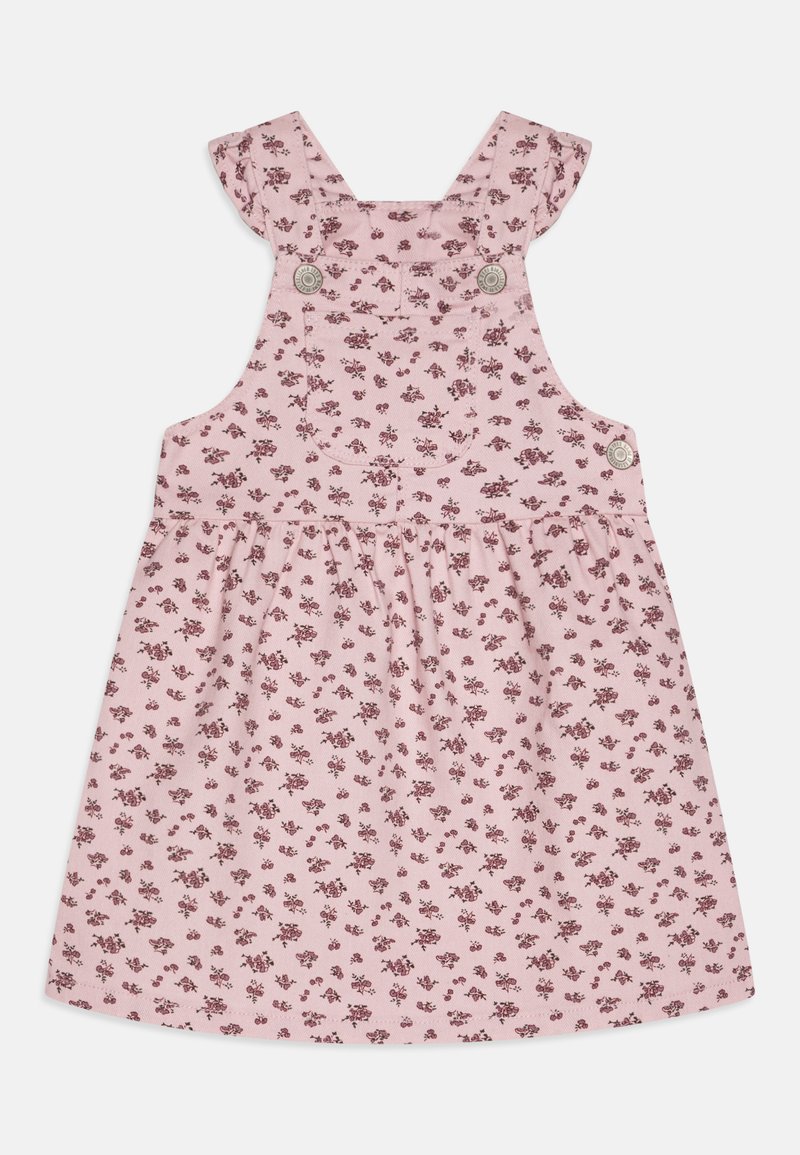 Vestido pinafore floral rosa com alças de ombro volumosas, apresentando pequenos padrões de flores, parte frontal tipo babete e detalhes em botão. Material em algodão.