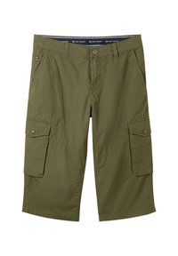 Olivgrüne Cargo-Shorts aus leichtem Material mit zwei seitlichen Taschen und zwei Cargo-Taschen. Verfügt über einen Knopfverschluss und Gürtelschlaufen.